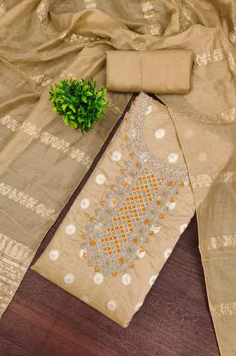 Women's beige embroidered neck jacquard dress material