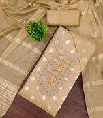 Women's beige embroidered neck jacquard dress material