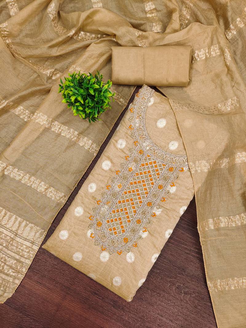 Women's beige embroidered neck jacquard dress material