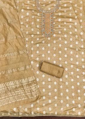  beige embroidered neck jacquard dress material 2