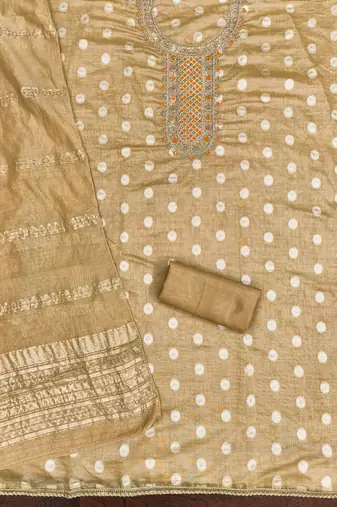  beige embroidered neck jacquard dress material
