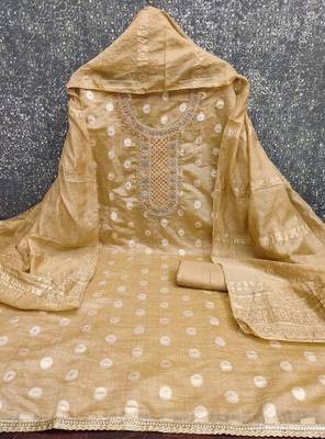  beige embroidered neck jacquard dress material 3