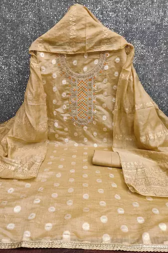  beige embroidered neck jacquard dress material