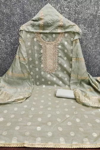  grey embroidered neck jacquard dress material