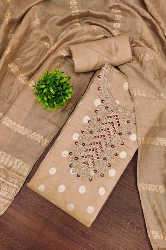 Women's brown embroidered neck jacquard dress material