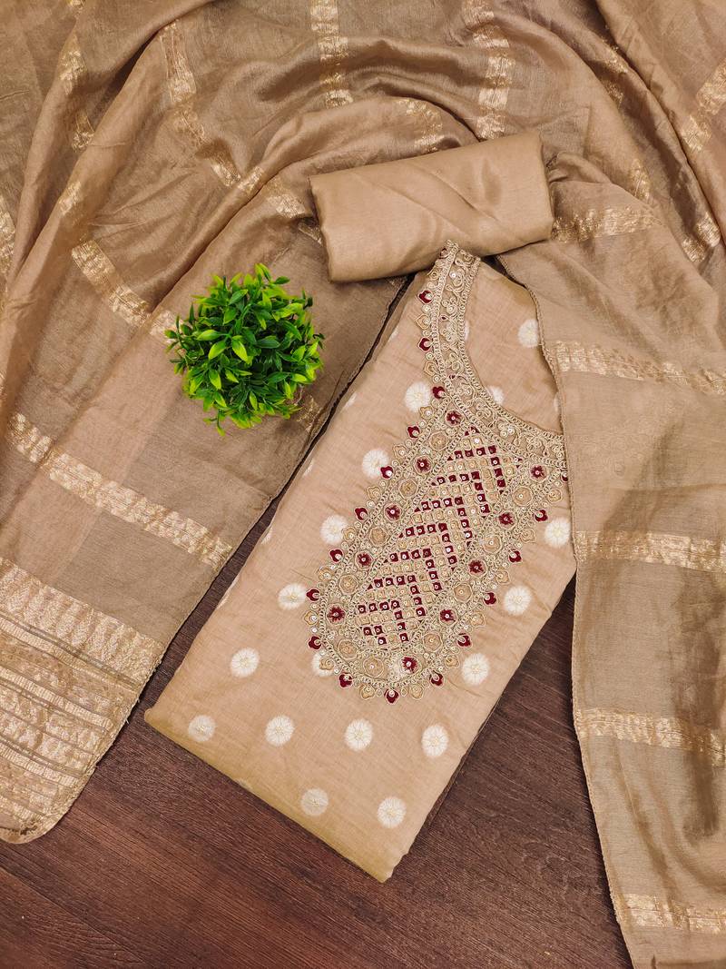Women's brown embroidered neck jacquard dress material