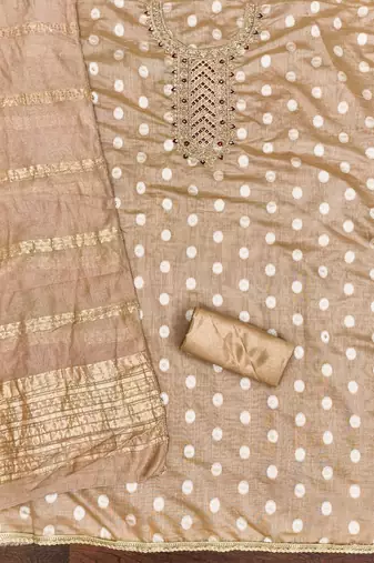  brown embroidered neck jacquard dress material