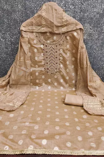  brown embroidered neck jacquard dress material