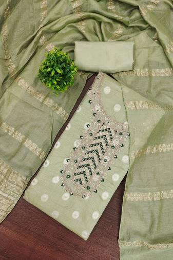 Women's green embroidered neck jacquard dress material