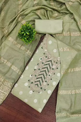 Women's green embroidered neck jacquard dress material