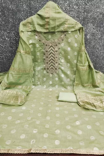  green embroidered neck jacquard dress material