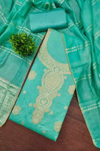 Women's sea green weaving jacquard dress material