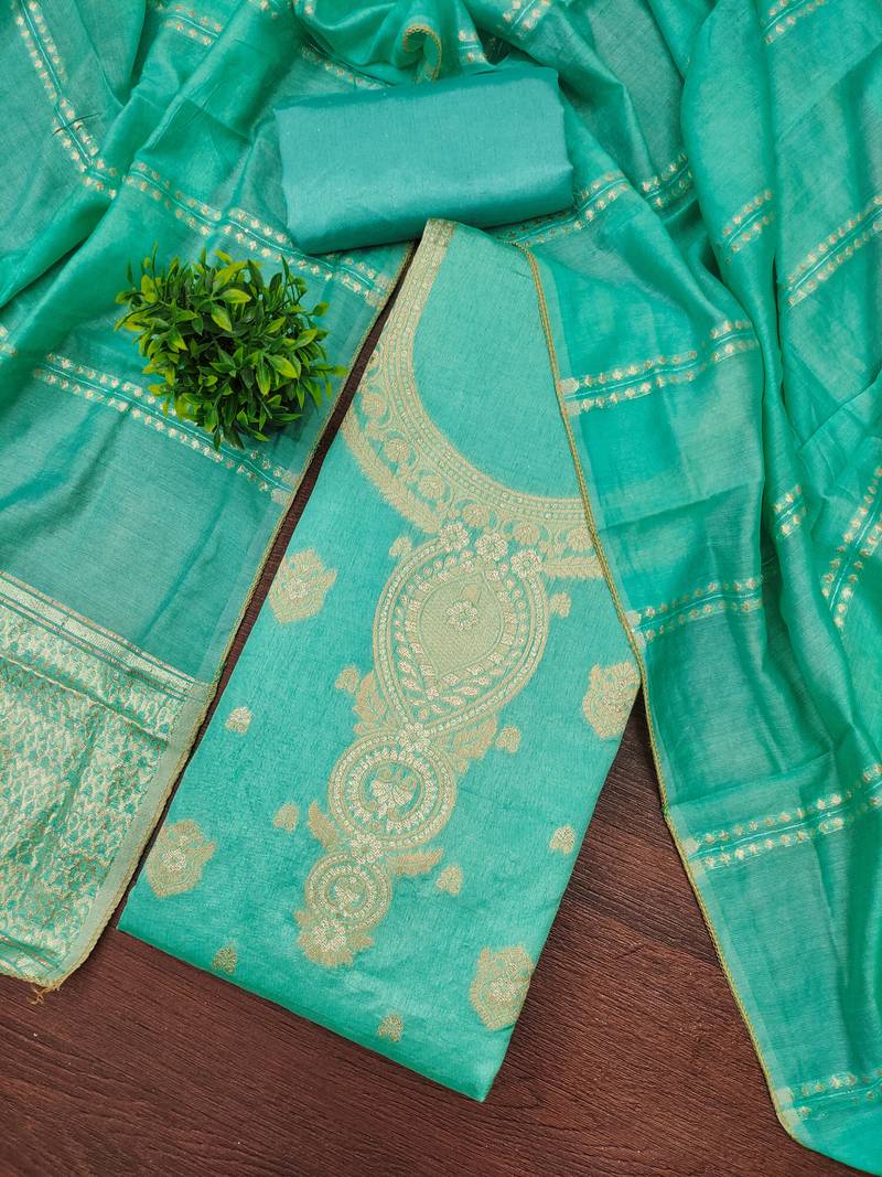 Women's sea green weaving jacquard dress material