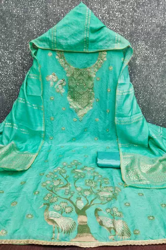  sea green weaving jacquard dress material