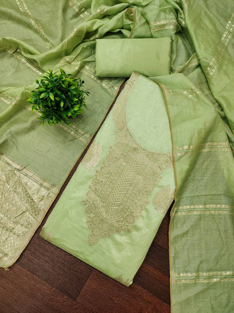 Women's light green weaving jacquard dress material