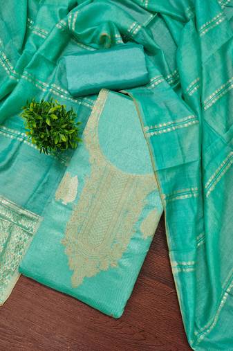 Women's sea green weaving jacquard dress material