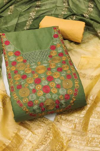 Women's green embroidered neck cotton dress material