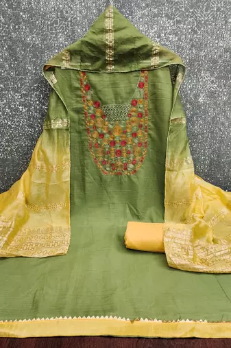  green embroidered neck cotton dress material