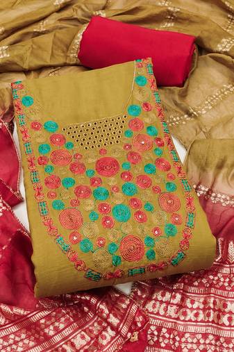 Women's mustard embroidered neck cotton dress material