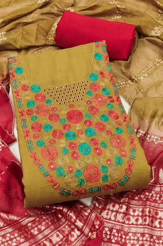 Women's mustard embroidered neck cotton dress material