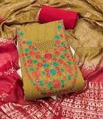 Women's mustard embroidered neck cotton dress material