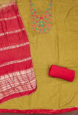  mustard embroidered neck cotton dress material 2