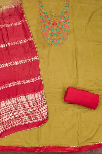  mustard embroidered neck cotton dress material