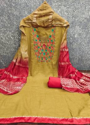  mustard embroidered neck cotton dress material 3