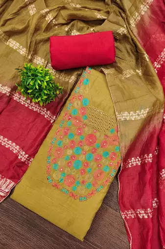  mustard embroidered neck cotton dress material