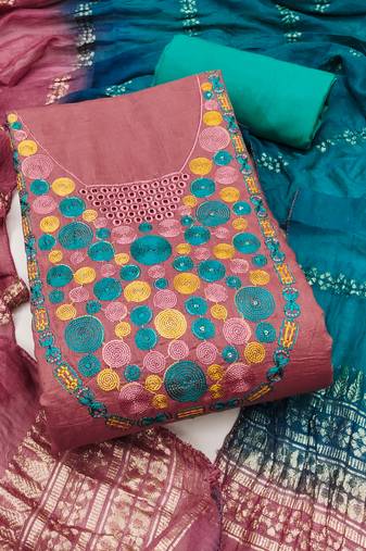 Women's pink embroidered neck cotton dress material