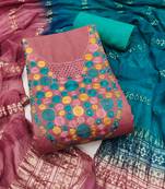 Women's pink embroidered neck cotton dress material