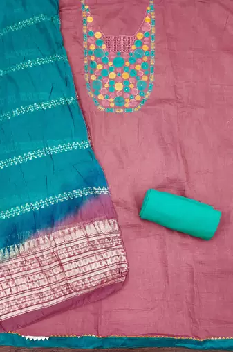  pink embroidered neck cotton dress material