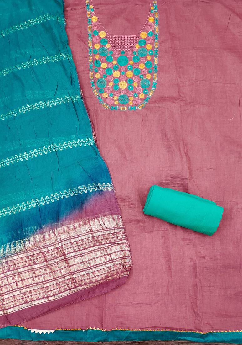 Women's pink embroidered neck cotton dress material