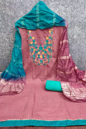  pink embroidered neck cotton dress material