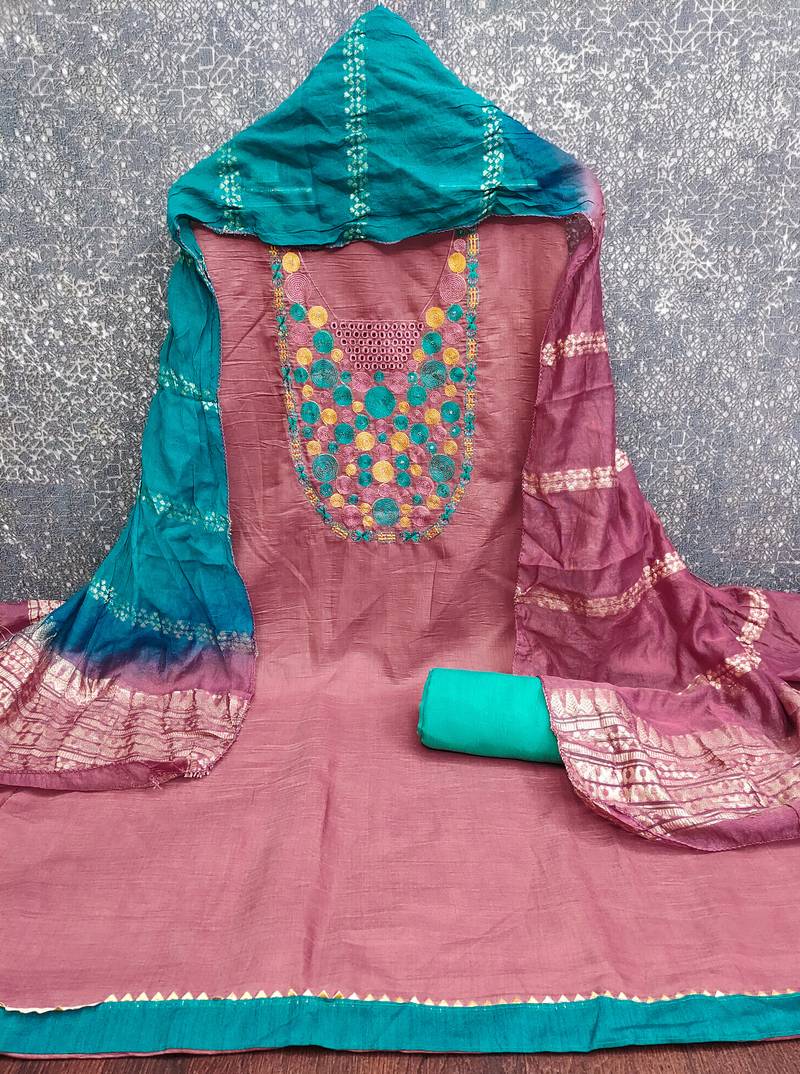 Women's pink embroidered neck cotton dress material