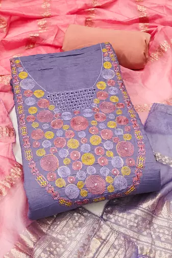 Women's purple embroidered neck cotton dress material