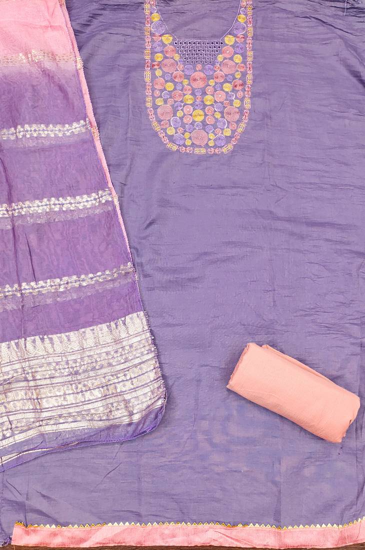 Women's purple embroidered neck cotton dress material