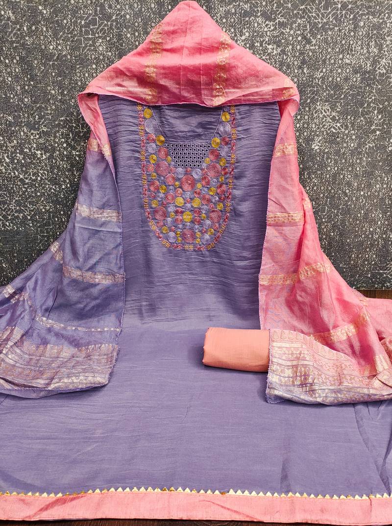 Women's purple embroidered neck cotton dress material