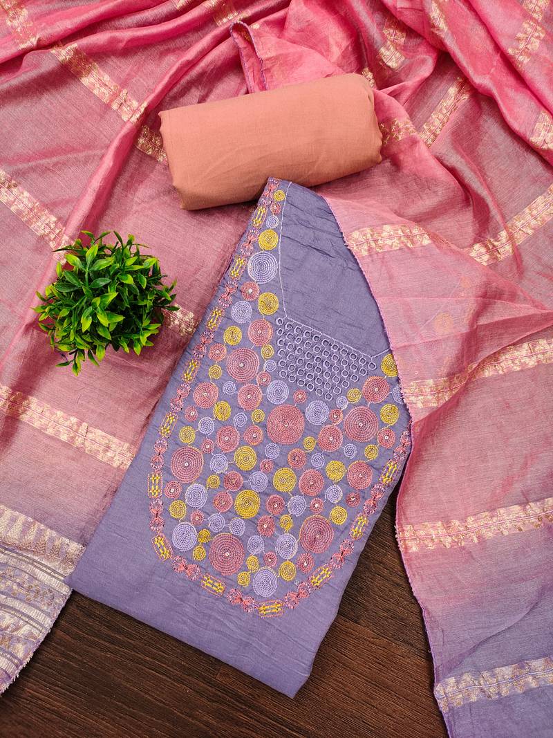 Women's purple embroidered neck cotton dress material