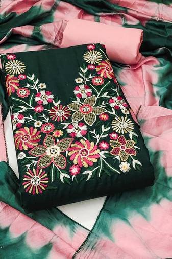 Women's green embroidered neck cotton dress material