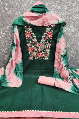  green embroidered neck cotton dress material