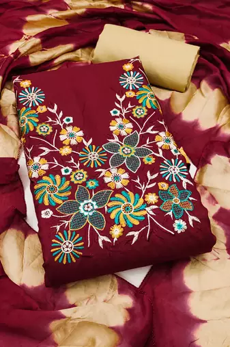 Women's maroon embroidered neck cotton dress material