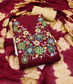 Women's maroon embroidered neck cotton dress material