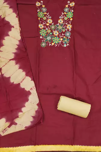  maroon embroidered neck cotton dress material