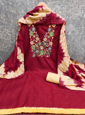  maroon embroidered neck cotton dress material 3