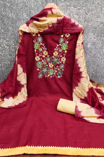  maroon embroidered neck cotton dress material