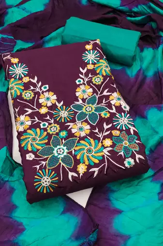 Women's purple embroidered neck cotton dress material