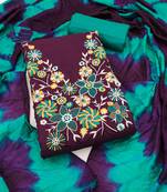 Women's purple embroidered neck cotton dress material