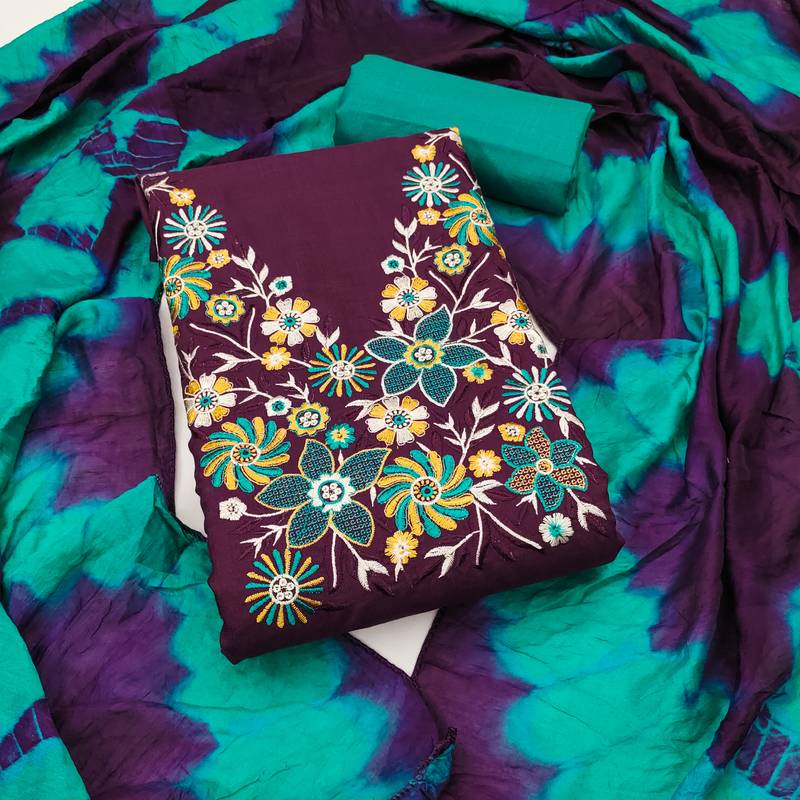 Women's purple embroidered neck cotton dress material