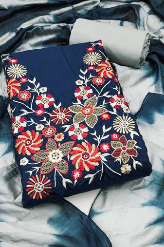 Women's teal blue embroidered neck cotton dress material